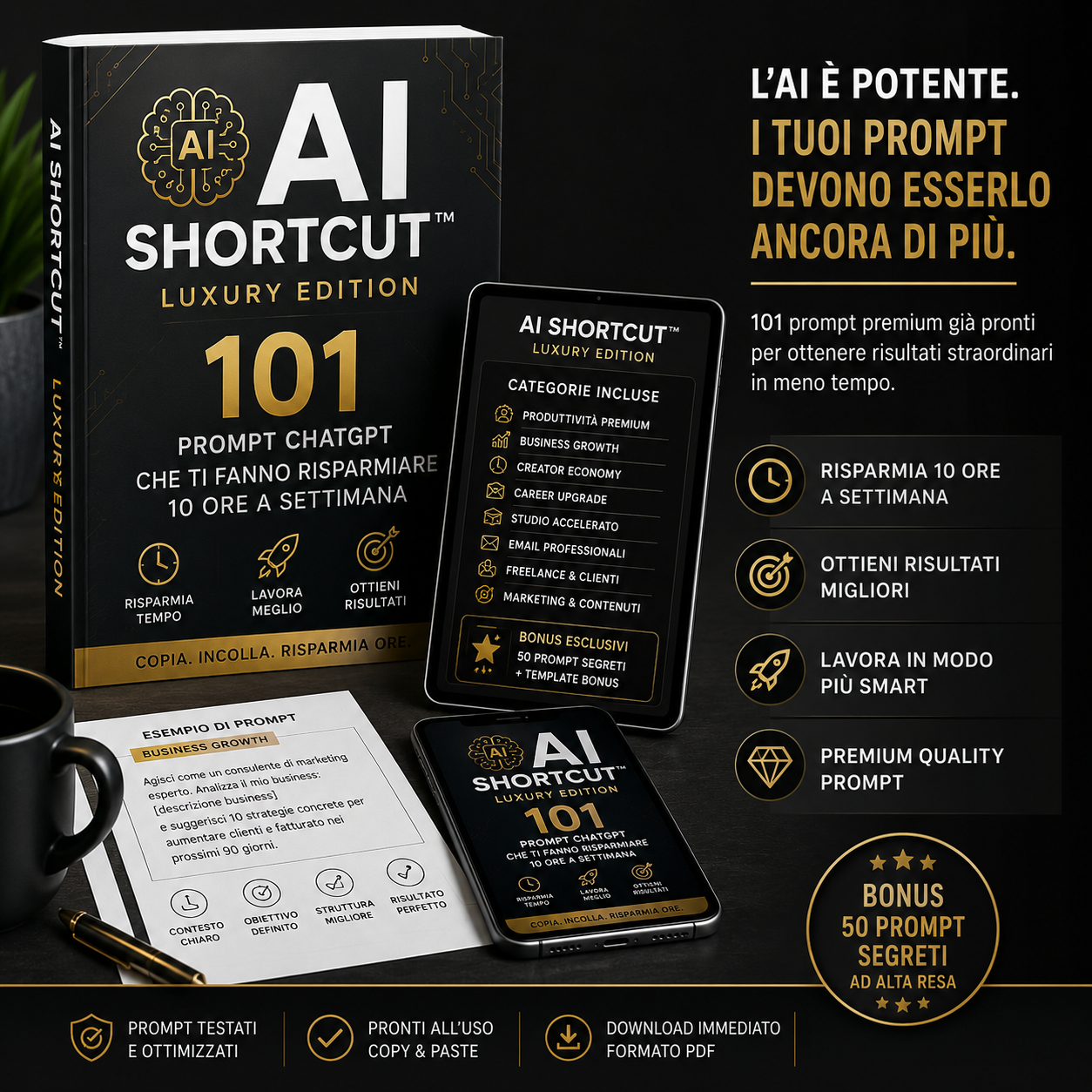 AI SHORTCUT™ — 101 Prompt ChatGPT che ti fanno risparmiare 10 ore a settimana | Luxury Edition