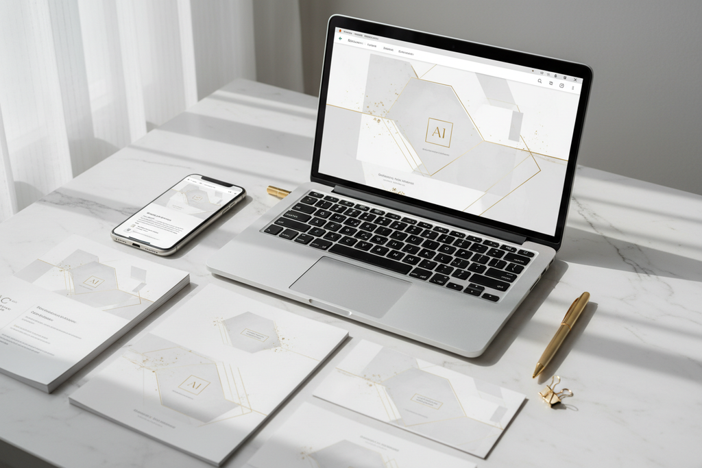 Kit Canva AI-Ready – Template premium su marmo bianco con laptop e smartphone