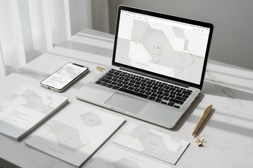 Kit Canva AI-Ready – Template premium su marmo bianco con laptop e smartphone