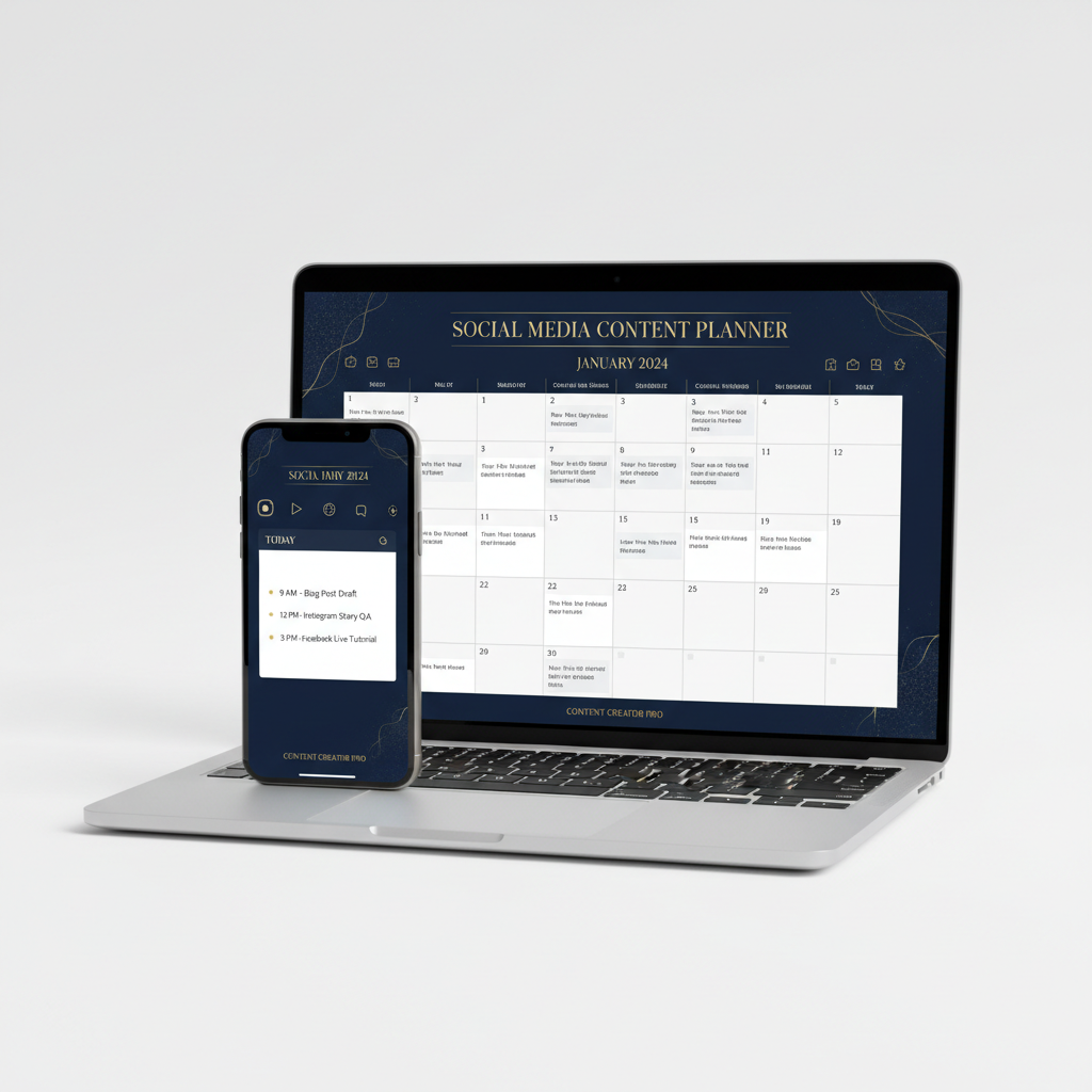 Content Calendar Canva – mockup premium navy e gold