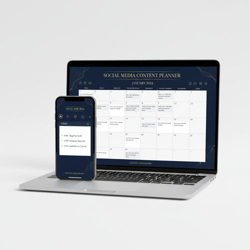 Content Calendar Canva – mockup premium navy e gold