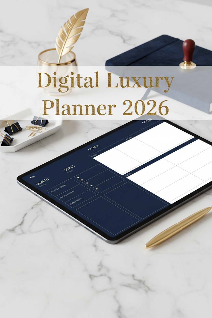 Digital Luxury Planner 2026 – Mockup Pinterest verticale luxury navy gold