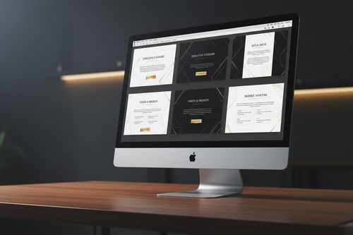 Kit Canva AI-Ready – Pitch deck premium su iMac, mood aspirazionale