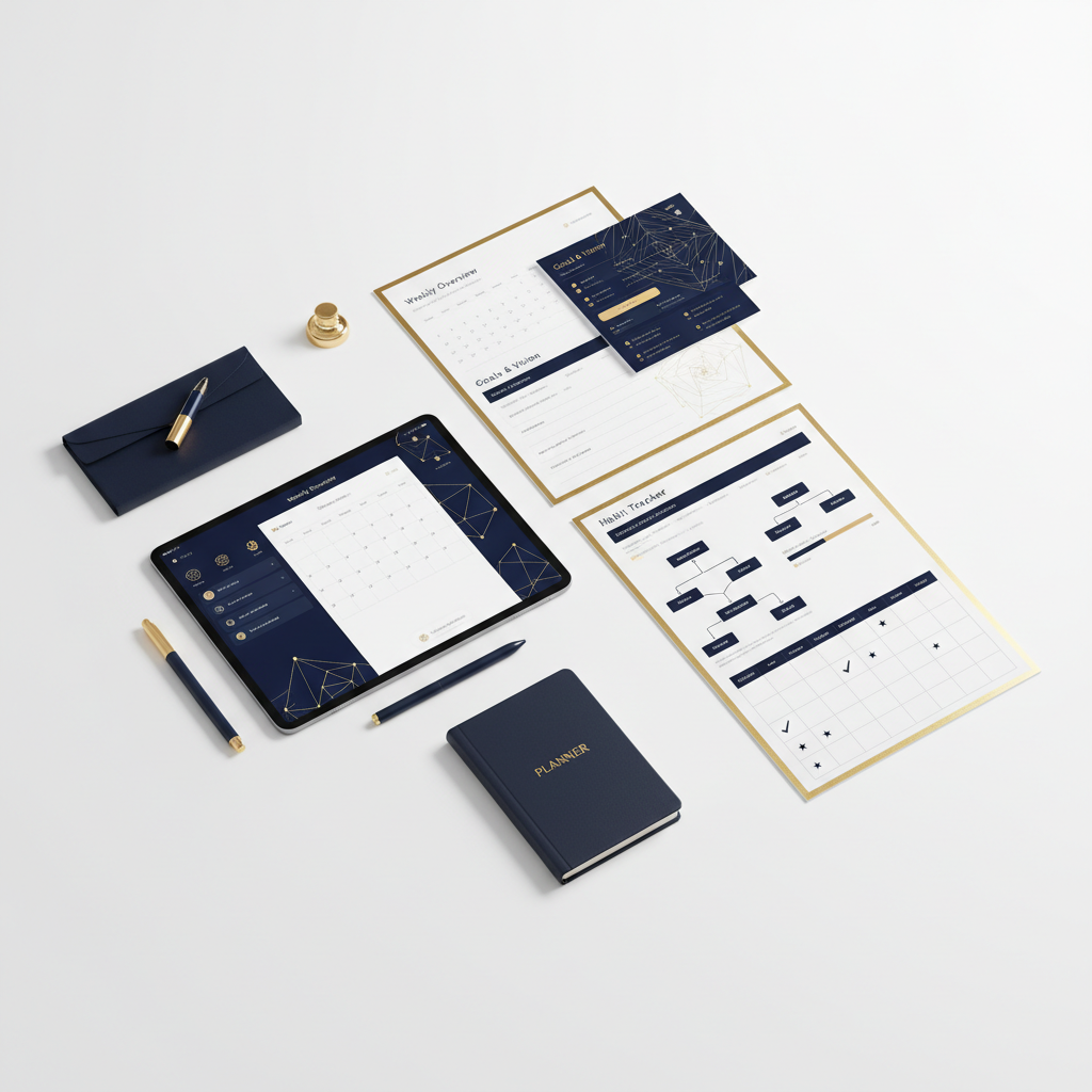Productivity Planner AI-Ready – mockup premium navy e gold